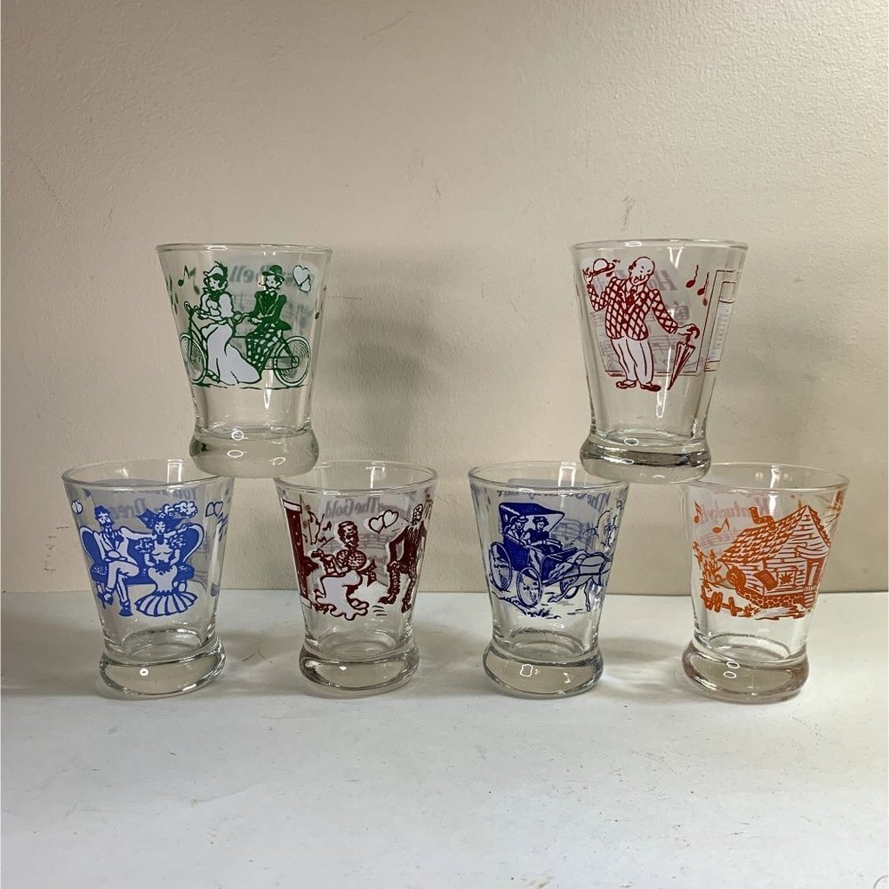 Vintage 40s Set of 6 Hazel Atlas Cordial Glasses Novelty Sing-A-Song Vaudeville
